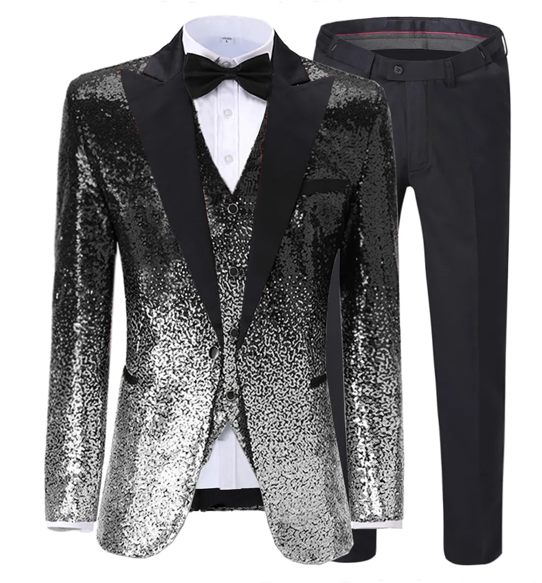 Mens Suit 3 Pieces Sequin Color Shiny Sequin Suit Notch Lapel for Wedding/Party Groom Banquet Nightclub (Blazer+Vest+Pant)