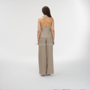 Traje de Lino Informal de Moda para Mujer, Chaleco Corto y Pantalones Cómodos, Color Natural Personalizado, OEM para Ocasiones Formales - Product Image 4