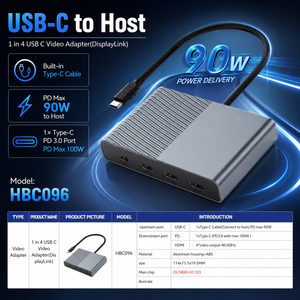 Adaptador <span class=keywords><strong>USB</strong></span>-C DisplayLink <span class=keywords><strong>4</strong></span> en 1, HDMI Cuádruple 4K+60Hz, Carga PD de 100W, Convertidor de Video Multipantalla de Aluminio para <span class=keywords><strong>4</strong></span> Monitores para Laptop - Product Image 3