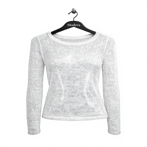 Modeva Pull en tricot blanc à manches longues et col rond pour femme, coupe ajustée, décontracté, toutes saisons - Product Image 1