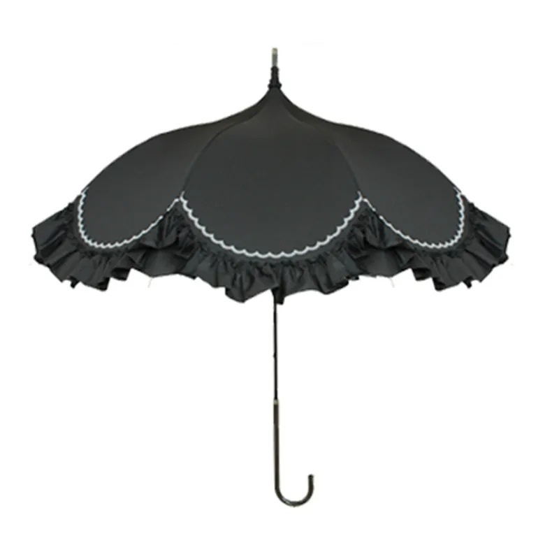 Japanische Prinzessin Breite Spitze Rand Halbkreis Form Pagode Regenschirm mit Lange PU Griff