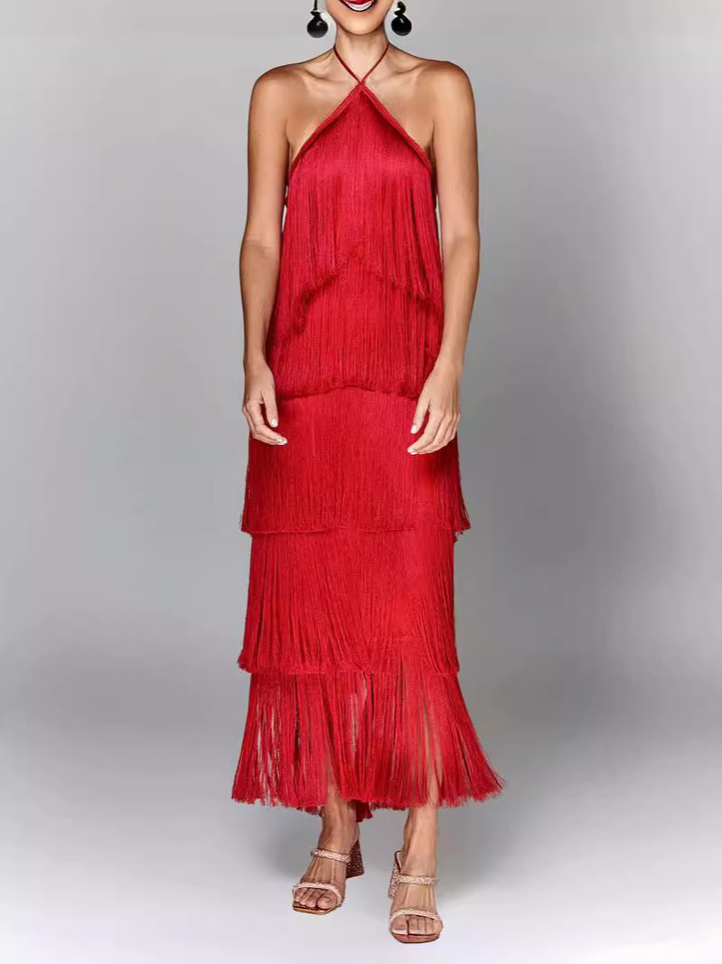 Fashionable Mid-Length Off-the-Neck Backless Dress with Tassels and Slits  Asymmetrical Waistline Woven Design| Alibaba.com