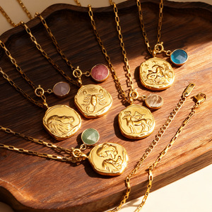 XL346 Zodiac <b>Opal</b> <b>Necklace</b> 12 18K Gold Plated Link Chain Choker Copper Moon Pendant Vintage Celestial Gift for Women - Product Image 4