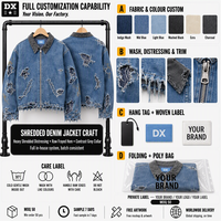 Veste en jean bleu délavé personnalisée 420 g/m² avec déchirures prononcées, col gris contrastant, ourlet brut effiloché, vêtement d'extérieur streetwear OEM ODM
