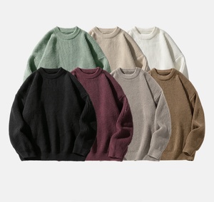 Chunky Knit Breathable Unisex <b>Crewneck</b> <b>Sweater</b> Anti-Wrinkle Anti-Pilling Textured Solid Color Pullover Front Logo 100% Polyester - Product Image 3