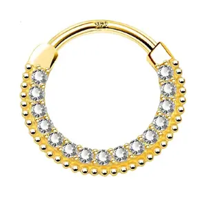Perhiasan Badan Lingkar Kecil 14K, Emas Padat 16G Bening CZ Rata Septum Clicker