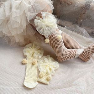 Chaussettes hautes d'été espagnoles avec gros nœud en tulle pour enfants, noir, blanc, résille, genou fin pour bébé fille, avec perles - Product Image 5