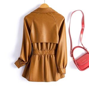 Manteau <span class=keywords><strong>trench</strong></span> décontracté <span class=keywords><strong>en</strong></span> cuir PU pour femme, veste ceinturée <span class=keywords><strong>à</strong></span> la taille avec col <span class=keywords><strong>à</strong></span> revers, 2 couleurs disponibles - Product Image 2