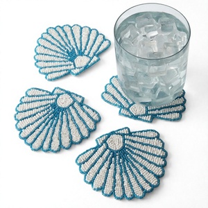 <b>Shell</b> Shape Fabric Coasters Mediterranean Design Washable Drink Mats White Blue Pattern - Product Image 3