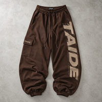 Pantalon de survêtement cargo en molleton de coton TaiDe 420 GSM, teint pigmentaire marron, imprimé latéral, coupe ample ballon, pour homme, vente en gros, ODM, ensemble complet