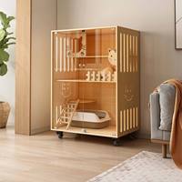 Villa pour chat en bois avec portes en verre trempé, maison pour chat d'intérieur à 2 niveaux avec échelle, griffoir et roulettes pour salon