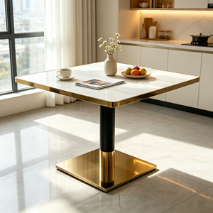 Table à manger carrée moderne avec plateau en pierre frittée et bordure dorée, piétement en métal noir et or pour usage domestique et commercial - Product Image 5