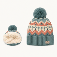 Bonnet tricoté d'hiver à motif Fair Isle, doublure Sherpa, pompon en fausse fourrure, revers, chaud, thermique, pour ski, neige, extérieur, en acrylique