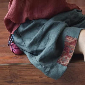 Casual Women's Cotton Linen Shorts High Waist Loose Flare Five Point Pants With Patchwork Design Breathable Summer Wear - Product Image 3