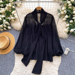 Blouses douces à manches longues et col à nœud pour femme, à <span class=keywords><strong>pois</strong></span>, collection automne, vente en gros - Product Image 4