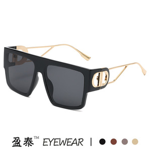 Yingtai Eyewear <b>Oversized</b> Square <b>Sunglasses</b> Black Frame Gold Accent UV400 Women's Fashion Sunshades - Product Image 1