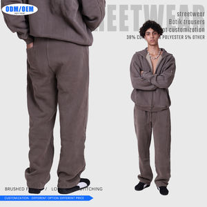 Customizable Vintage Distressed Patchwork Straight-leg Pants Men's Batik <b>Trousers</b> with Brushed Fleece <b>Drawstring</b> Sweatpants - Product Image 2