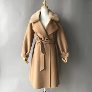 Abrigo de lana de doble cara para mujer, abrigo largo de Cachemira con Cuello de piel de visón auténtico de gama alta para invierno