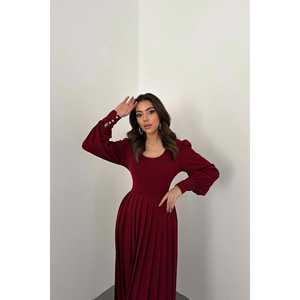 Vestido casual de cuello redondo color borgoña con falda plisada y cintura natural, ideal para fiestas, de tela tejida y lavable. - Product Image 6