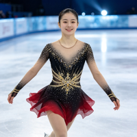 Robe de patinage artistique à manches longues en maille, dégradé noir et rouge, col en V, dos profondement ouvert, ornée de strass dorés, pour performance