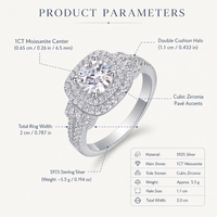 Bague de fiançailles pour femme en argent S925 avec moissanite 1 carat taille brillant rond, halo double coussin, grappe et bande pavée latérale