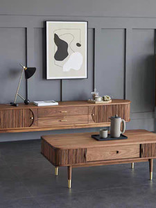 Meuble TV Chuangchen en bois massif style américain, couleur noyer noir, vintage, simple, moderne, luxe léger, porte accordéon, pour salon - Product Image 2
