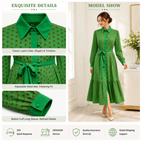 Chemise longue décontractée pour femme en mousseline jacquard à petits pois verts, col chemise, manches longues, ceinture à la taille naturelle, ourlet à volants, style streetwear romantique