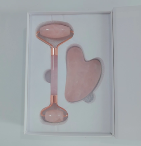 Kit de rodillo y gua sha de cuarzo rosa y jade natural con caja incluida - Product Image 1