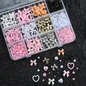 12Grids 3D Multi-Colors Ribbon Flower Nail Art Charms Simulated Petals Love,<b>Metal</b> Bowknot Nail Decoration DIY Manicure Accessory - Product Image 5