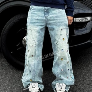Jeans pour hommes personnalisés avec logo personnalisé, bleus, ornés de strass, amples et décontractés - Product Image 5