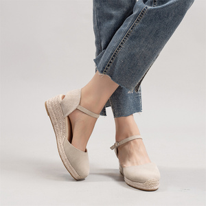 <span class=keywords><strong>Sandales</strong></span> d'été <span class=keywords><strong>compensées</strong></span> pour femmes en daim beige à bout fermé, avec bride de cheville et boucle, style espadrilles tressées - Product Image 4