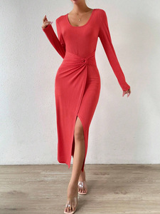 Abito a Maniche Lunghe <span class=keywords><strong>in</strong></span> Stile Francese per Donne <span class=keywords><strong>con</strong></span> Design a Vita Intrecciata, <span class=keywords><strong>Vestito</strong></span> Aderente Rosso al Ginocchio <span class=keywords><strong>con</strong></span> <span class=keywords><strong>Spacco</strong></span> Alto - Product Image 6