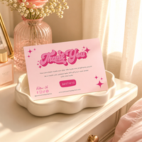 Carte de remerciement rose rétro personnalisée avec code promotionnel et icônes sociales pour les packs d'insertion de commandes de boutique en ligne