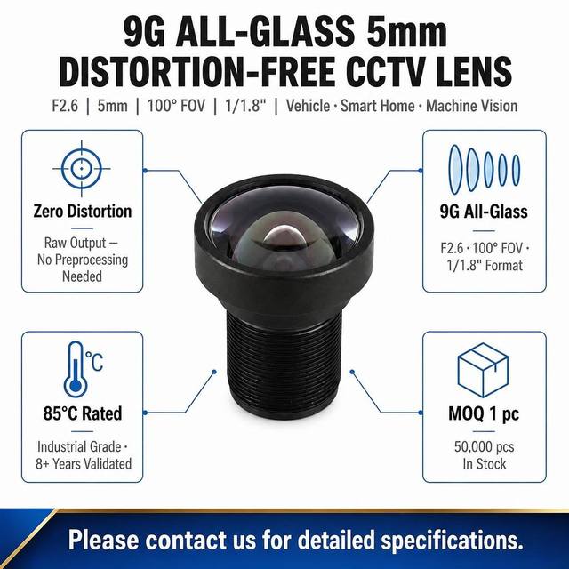 5.1mm F2.6 1/1.8" CCTV Lens Distortion-Free Industrial Lens 80° Wide Angle,car Lens