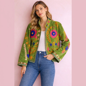 Chaqueta de Mujer con Bordado Suzani de Pavo Real en Colores Vibrantes, Estilo Boho Chic, Prenda Exterior Artística para Damas - Product Image 1