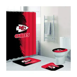 Wholesale Kansas City Chiefs Bathroom Shower Curtain Toilet Cover Bath Mat 4PCS With Shower Curtain And Rugs