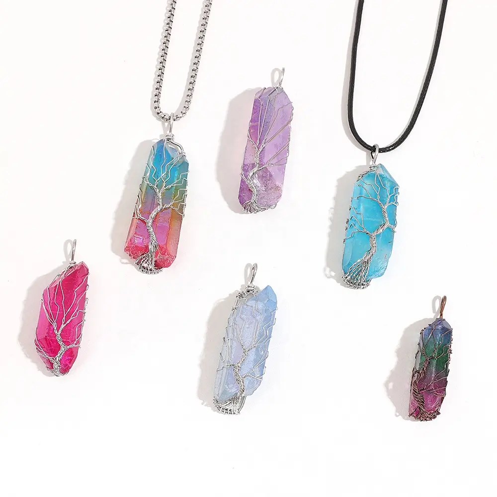 Tree Of Life Rainbow Quartz Crystal Gemstone Reiki Healing Rock Raw Stone Chakra Pendant Necklace Women