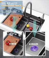 Évier de cuisine multifonctionnel encastré intelligent en acier inoxydable 304, design cascade, noir nano, nouvelle collection 2026