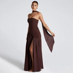 Vestido Maxi Elegante para Mujer, Sexy, con Espalda Descubierta, Hombros Descubiertos, Tejido Sólido, Cintura Alta, Ajustado, con Abertura y Pliegues, Lavable y Transpirable - Product Image 1