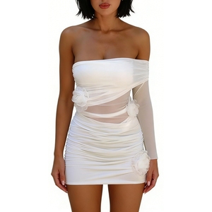 เดรสมินิเดรสแขนตาข่ายรัดรูปสำหรับผู้หญิง - ชุดเดรสปาร์ตี้ประดับดอกไม้ 3 มิติ แฟชั่น - Product Image 2