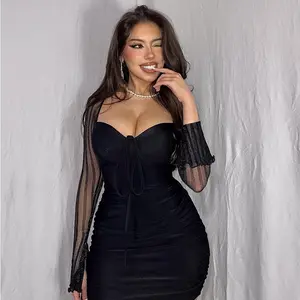 Real Video Good Quality Woman Mesh Long Flare Sleeve Dress Short Party Sexy Black Tight Mini Dress