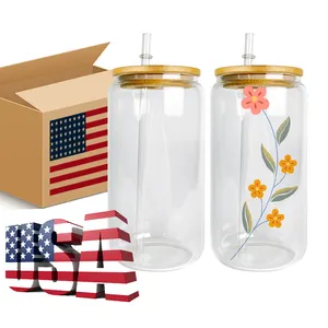 US LAGER 16 Unzen klares Bier Juice Pop Sublimation sglas becher leere Sublimation bier förmige Glas dosen mit Bambus deckel und Strohhalm