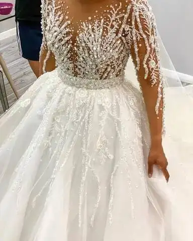 2023 luxury gracious heavy beading bridal gown long sleeve mermaid wedding dress bridal gown with removable long tulle train