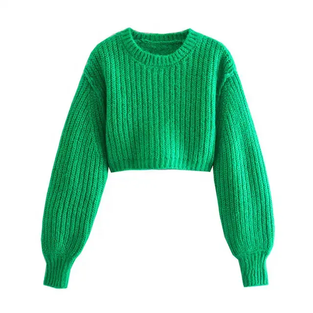 Sofortige Lieferung Auf Lager einfarbige Rundhals pullover für Frauen Laternen ärmel Frauen Pullover hohe Taille Frauen pullover