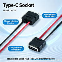 Conector USB-C LN-002 con Cable Pigtail de 24AWG de 60 mm, Conector Tipo-C Reversible para Terminales de Crimpado, Carga de Energía DIY