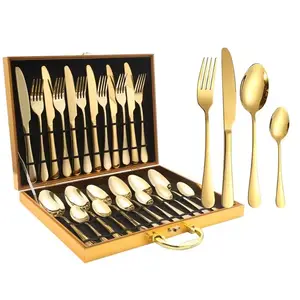 24pcs Stainless Steel Flatware Tableware Gold Colored Cutlery Set Knife Fork Spoon Set in attractive Golden Gift box