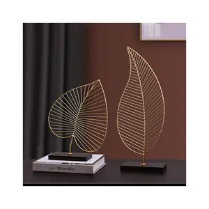 Modern creative metal leaves and wooden base home decoration for living room hotel three-dimensional ornament