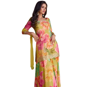 Traje confeccionado Heavy Chinon Impresión digital Bordado Secuencia Trabajo con la colección Net Dupatta - Product Image 1