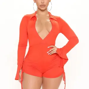 Long sleeve playsuit deep v neck front turn down collar for womens casual wear sleeve with slit side sashes