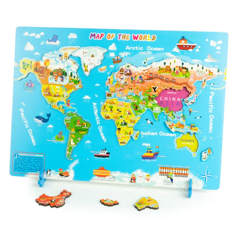2023 New Arrival Custom Children Wooden Magellan World Map Jigsaw Puzzle Game Educational Geographic Cognition Toys For Kids
